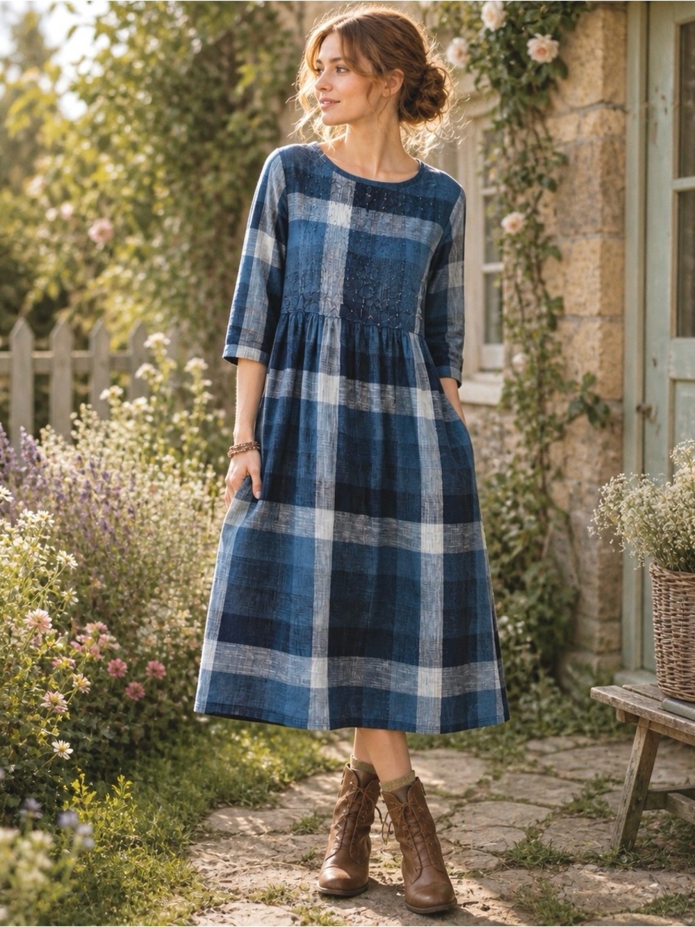 April Cornell Blue Plaid Pintuck Cotton Dress Prairie Sz M Pockets Cottagecore